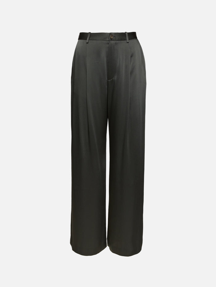 Satin Pleated Pant,LAPOINTE,DARK GREEN,Image 1