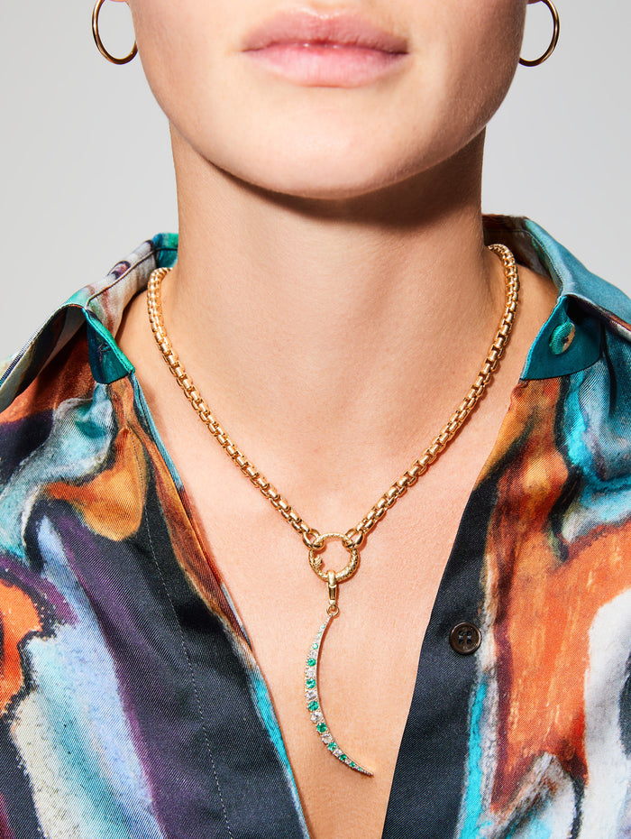 Diamond and Emerald Crescent Charm,JENNA BLAKE,YELLOW GOLD,Image 1