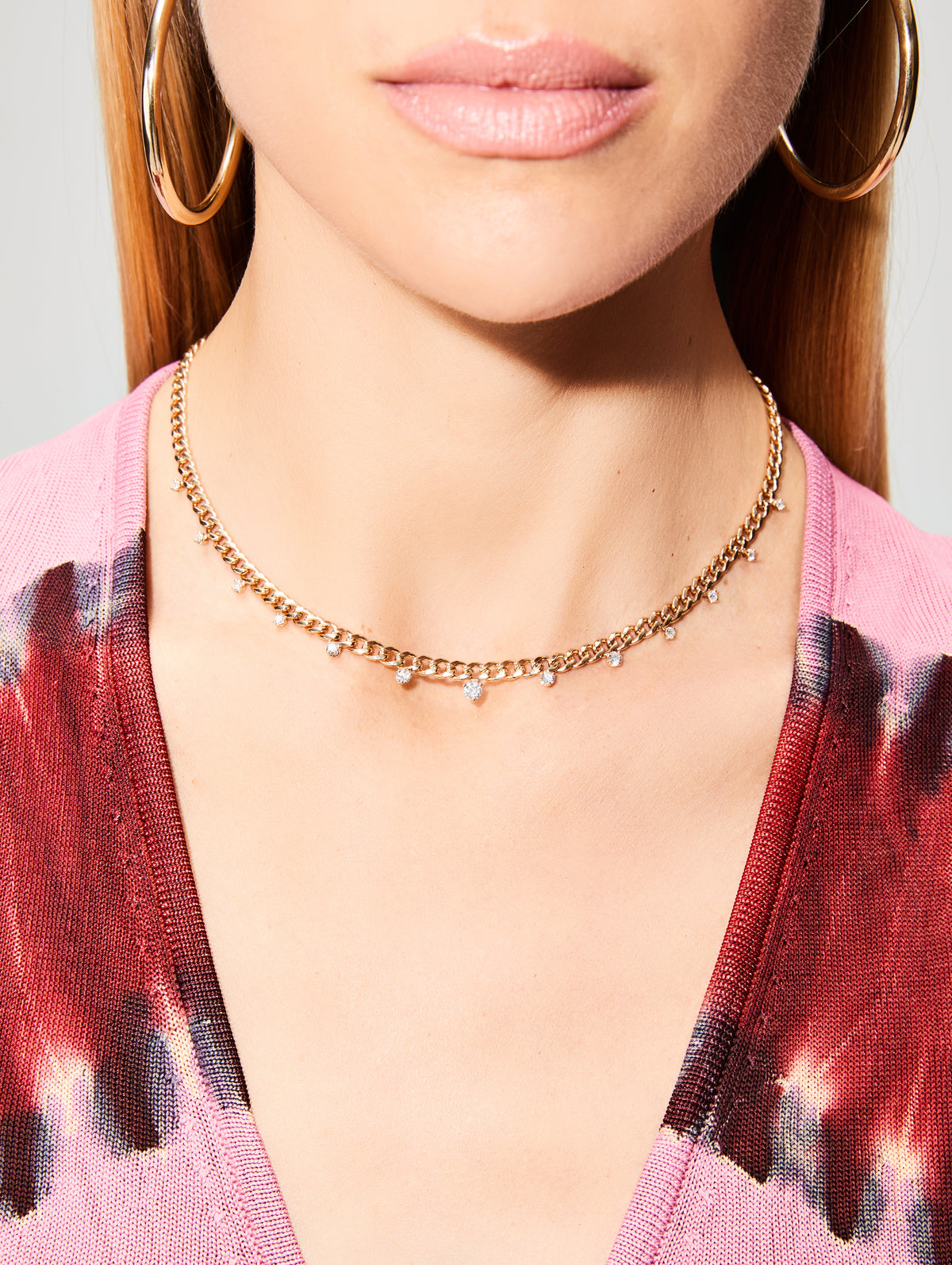 Graduated Prong Diamonds Medium Curb Chain Necklace,ZOE CHICCO,YELLOW GOLD,Image 2