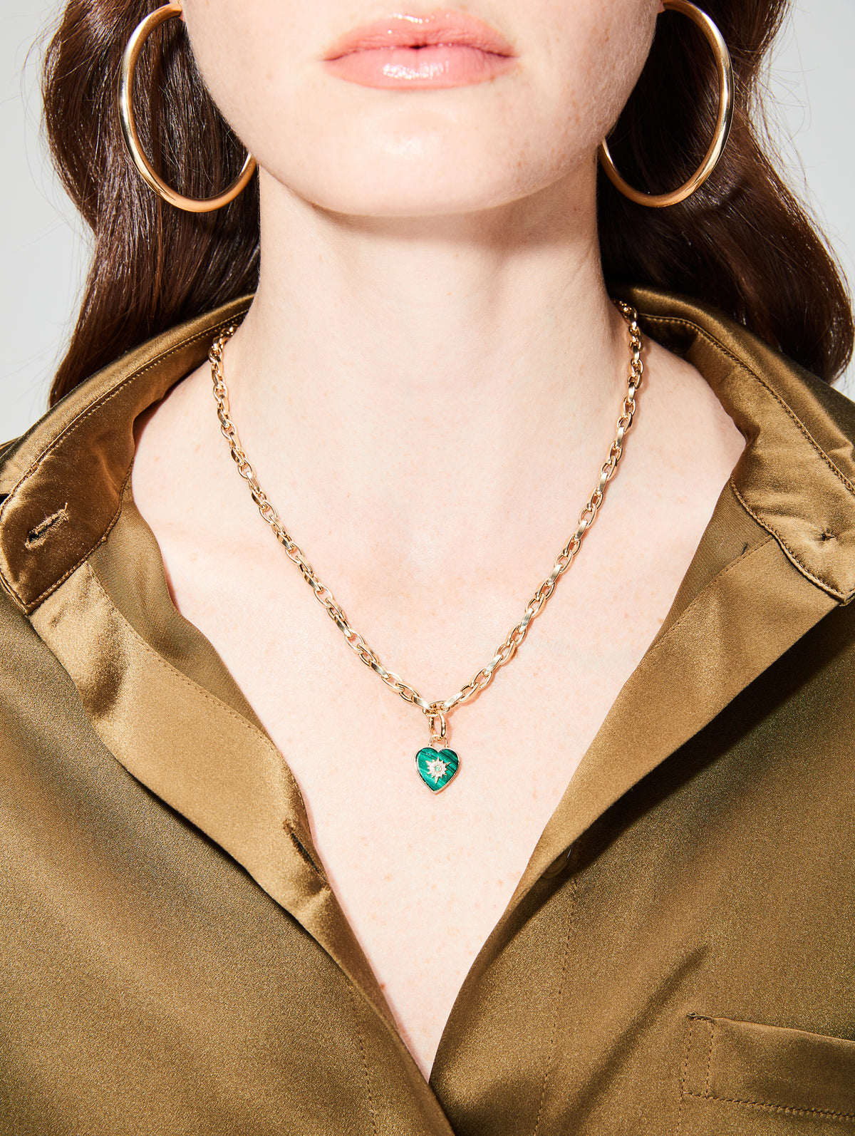 Trust Your Heart Tablet Pendant Malachite & Emerald,THREE STORIES JEWELRY,YELLOW GOLD,Image 2