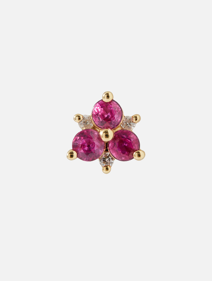 Single Ruby Pave Flower Stud,THREE STORIES JEWELRY,YELLOW GOLD,Image 1
