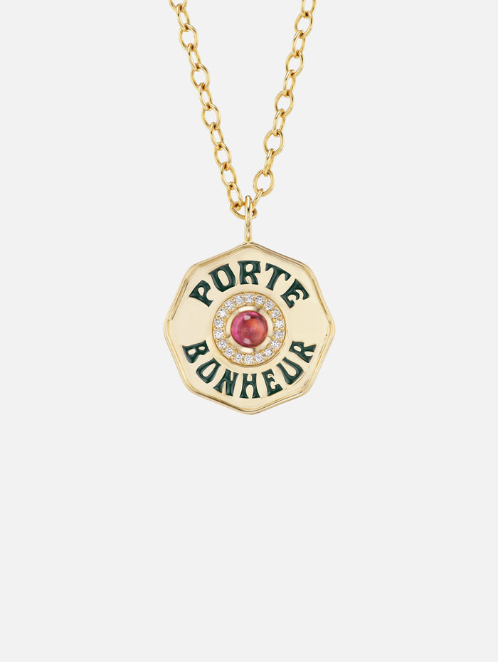 Large Pink Tourmaline Porte Bonheur Necklace,MARLO LAZ,YELLOW GOLD,Image 1